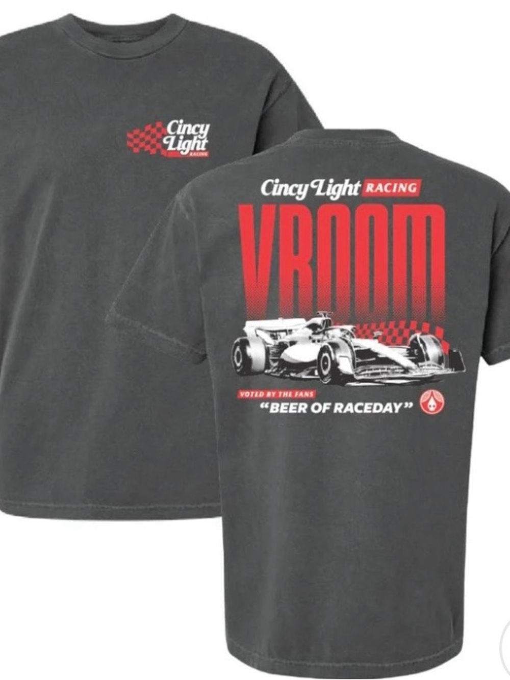 Unisex Cincy Light Rhinegeist Racing 'VROOM' Short Sleeve Tee - Charcoal/Red